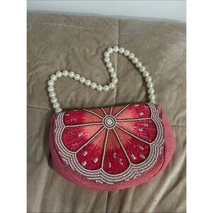 Elegant Grapefruit Beaded Handbag with Faux Pearl Strap